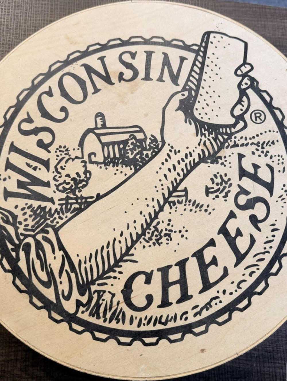 Wisconsin Cheese Round Wooden Advertising Storage Box w Lid Graphic Print